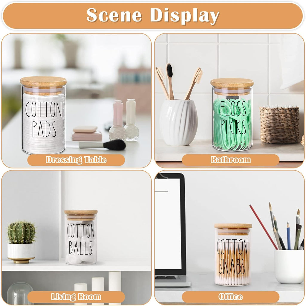ROADPLUM Qtip Holder Bathroom Set - 4 Pack Glass Jars with Lids for Cotton Balls & Makeup Storage