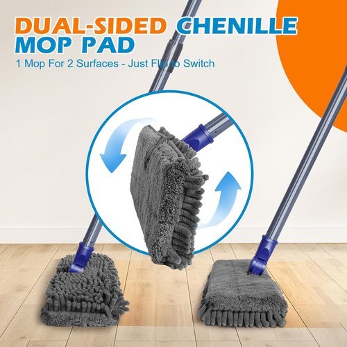 Masthome Flat Dust Mop | 2-Sided Microfiber Mop with 4 Reusable Pads for Wet & Dry Cleaning - Ideal for Hardwood, Tile, Vinyl