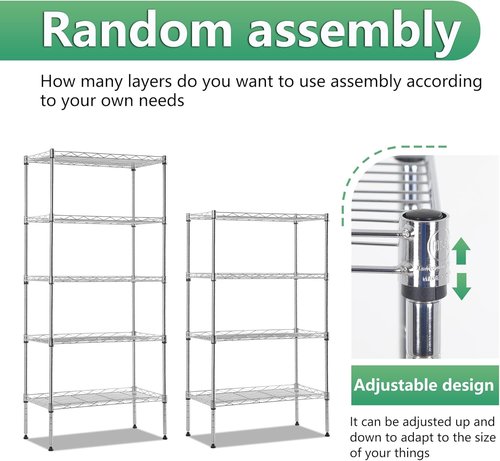 BestOffice 5-Tier Wire Storage Shelves - Heavy-Duty Metal, Chrome Finish | Adjustable Racks | 22x12x48 | Holds Up to 750 lbs | Easy No-Tool Assembly for Home & Garage