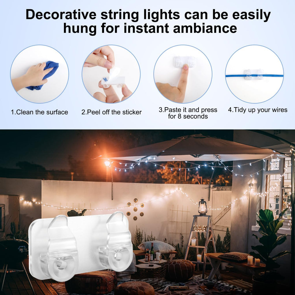 Skiennix Outdoor Light Clips - 50 Heavy-Duty Waterproof Adhesive Clips for LED Hanging Decor