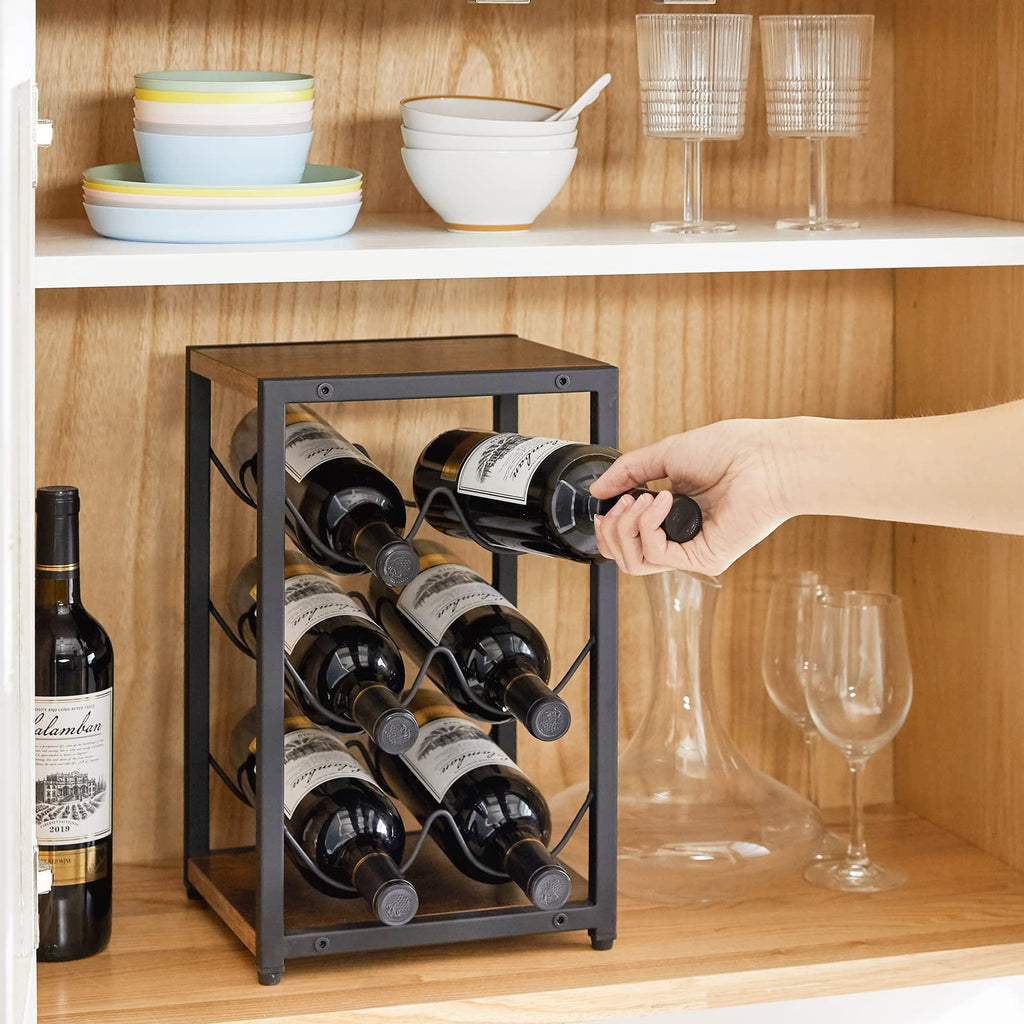 IBUYKE Rustic Wood 6 Bottles Wine Rack for Countertop,3 Tier Free Standing Wine Rack,Wine Bottle Holder Stand Organizer for Home Decor Bar,Cabinet, Pantry,Countertop TMJ901H