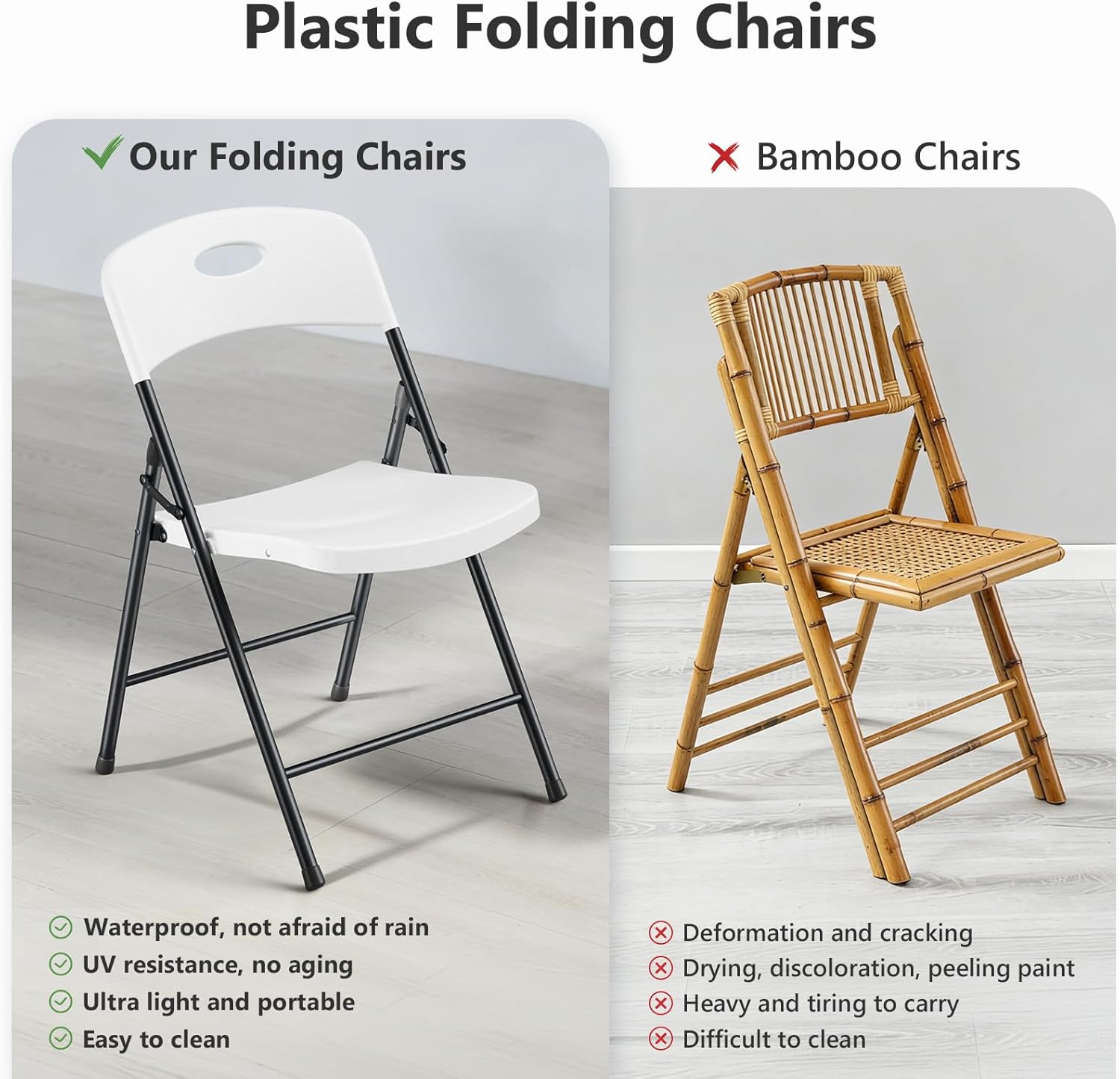 Plastic Folding Chairs 4 Pack - Sturdy Metal Outdoor Seating | Heavy Duty 350 lbs Capacity, White