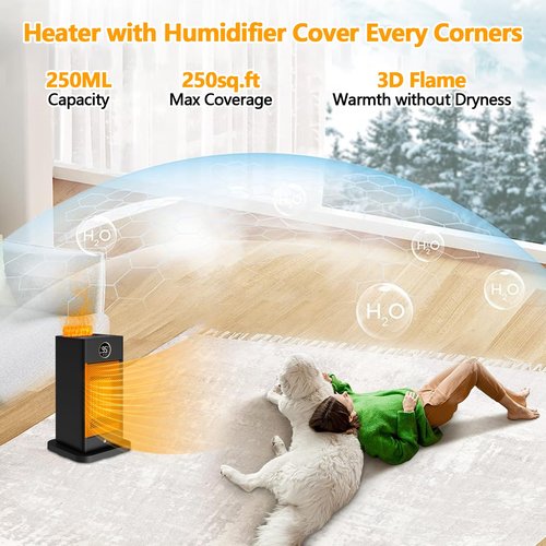 3-in-1 Space Heater,Humidifier/Sensor/ECO,Electric Heater with 90°Oscillating/Thermostat/12H Timer/Dual Control,Space Heater Indoor with 3D Flame Ambiance/Heater Heat Up 260 sq.ft(Amber Black)