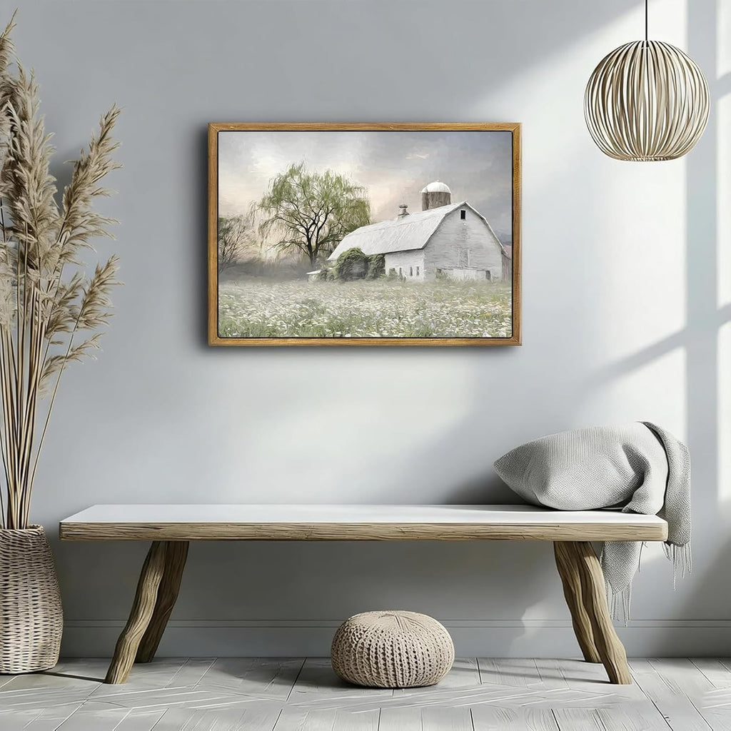 Skiennix Rustic Farmhouse Canvas Wall Art - White Barn Wildflower Landscape Print | 16x12 in for Bedroom & Living Room