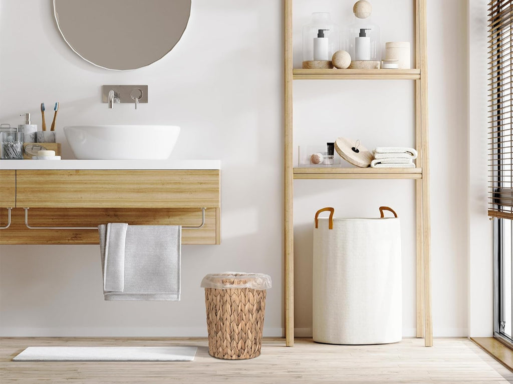 StorageWorks Wicker Waste Basket - Small Round Trash Can for Bathroom & Office | Water Hyacinth Design