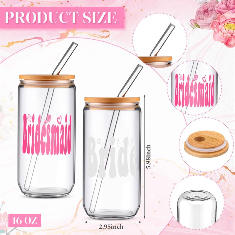 Yetene 6 Pack Bridesmaid Gifts 16 oz Bride Cup with Lids and Straws Bridesmaid Proposal Gifts Cute Can Shaped Drinking Glass Bride Glass Cups for Engagement Wedding Bridal Shower Party