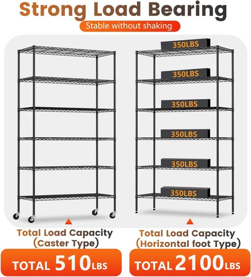 BestOffice 6-Tier Wire Storage Shelves - Heavy-Duty Metal with Wheels | Adjustable, No-Tool Assembly | 18x45x82 | Black, Holds Up to 2100 lbs