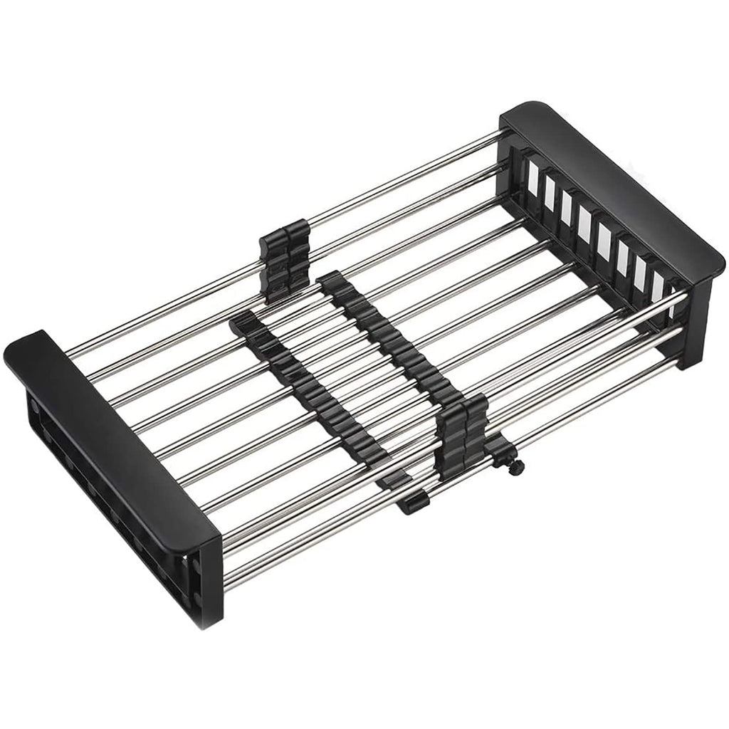 GULICA Dish Drying Rack Black, Adjustable Stainless Steel Drainer Basket Drain Tray for Dish Vegetable Fruit, 18.2" x 8.9", On or in Sink Kitchen Basket Dish Drying Rack