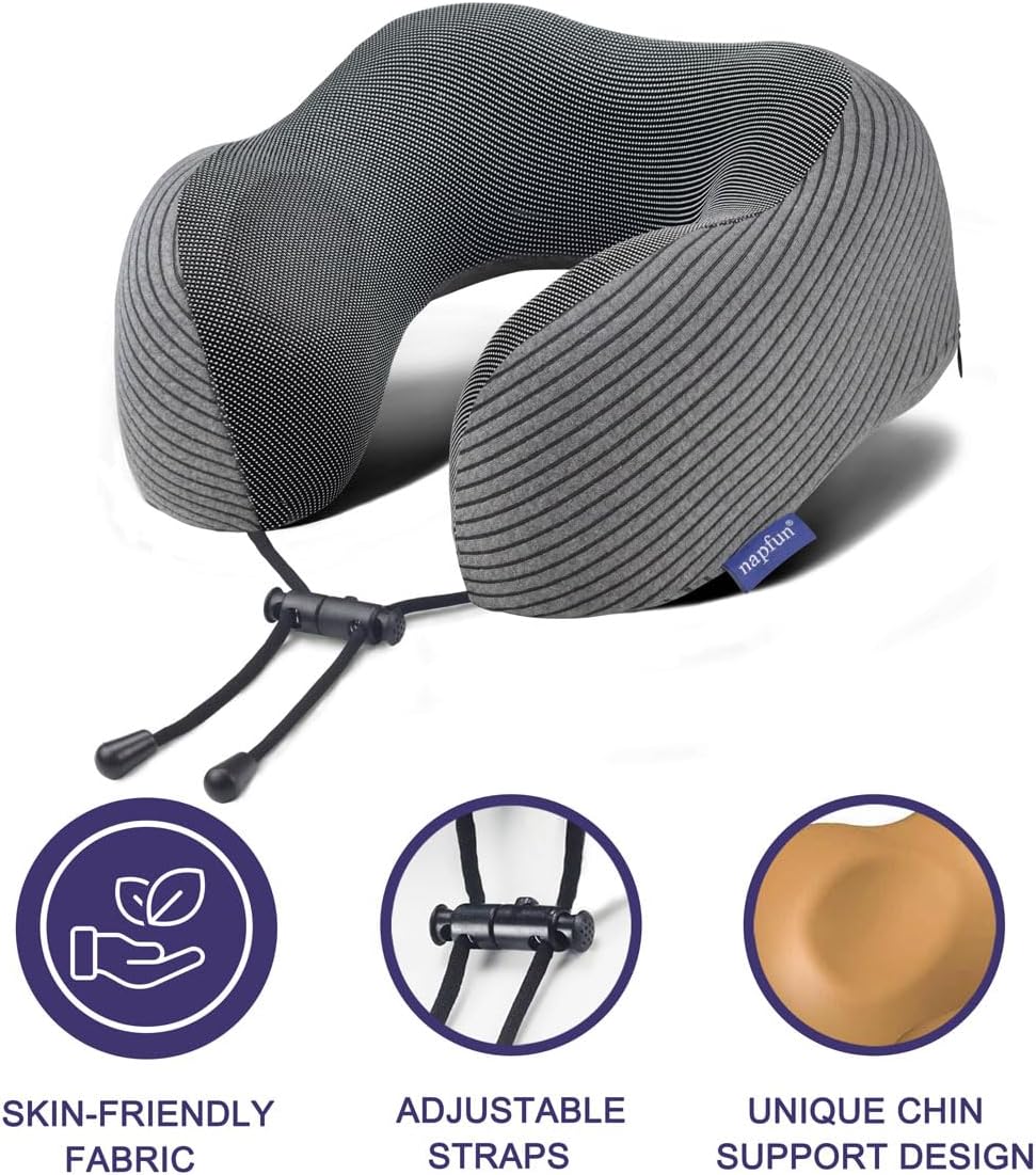 Napfun Neck Pillow - Memory Foam Travel Pillow with Pouch, Sleep Mask & Earplugs | Dark Gray Striped Kit