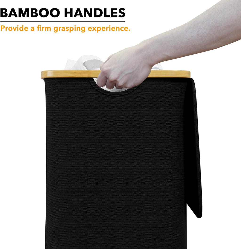 SpaceAid Laundry Hamper - 110L Tall Bin with Lid & Bamboo Handles | Collapsible for Bedroom & Bathroom - Black
