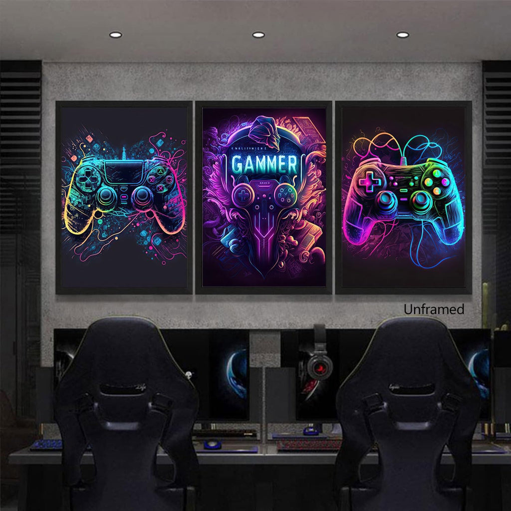 Riveda Gaming Wall Art - Colorful Neon Gamepad Canvas Prints for Boys' Room | Unframed 16"x24" (3pcs)