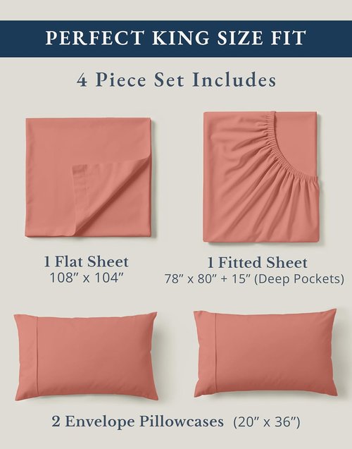 LANE LINEN King Sheet Set - 100% Organic Cotton, Fully Elasticized, Naturally Cooling, Rose Dawn