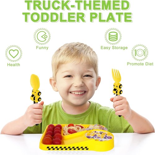 Deinyi Construction Toddler Plates - Early Christmas Gift Ideas for Grandkids - Toddler Birthday Gift - Kids Plates for Boys Ages 1-2-3-4-5-6-7 - Yellow