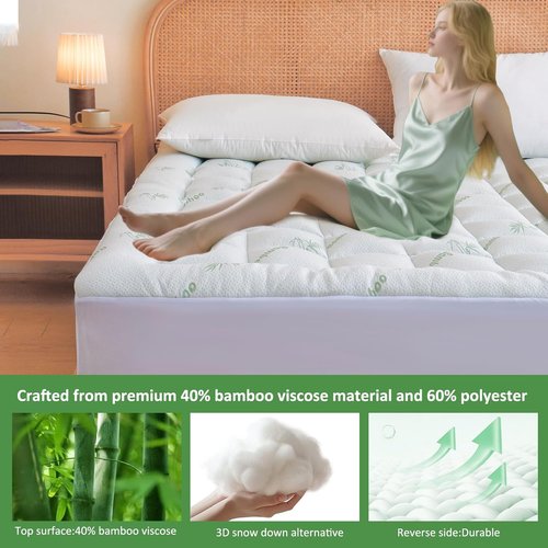 Bioeartha Cooling Mattress Topper Queen - Extra Soft Pillow Top Pad for Back Pain Relief | Breathable Bamboo Viscose, Deep Pocket Fits 8-21 Inch