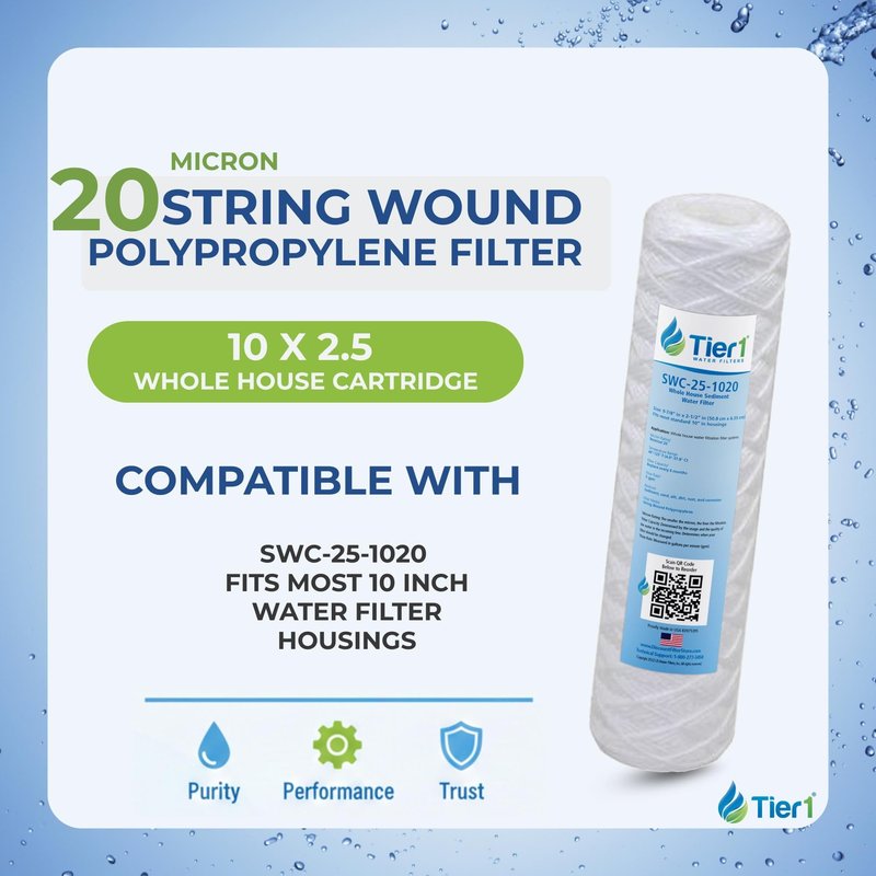 Tier1 20 Micron 10 x 2.5 Water Filter | String Wound Polypropylene Whole House Sediment Water Filter Cartridge | Replacement for Hyrdonix SWC-25-1020 | 2.5 x 10 Water Filter (6-Pack)