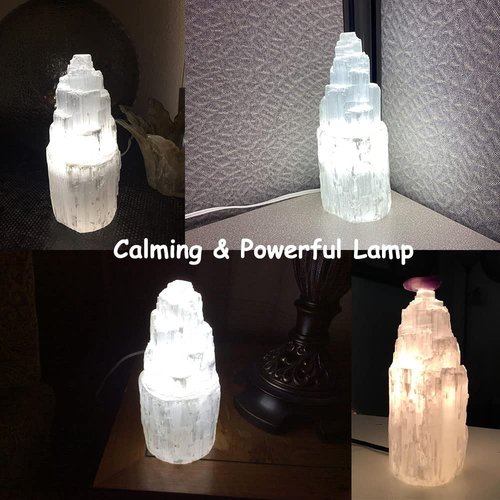 JIC Gem Natural Selenite Lamp 8" White Selenite Crystal Rock Lamps with Switch Cord and Bulb