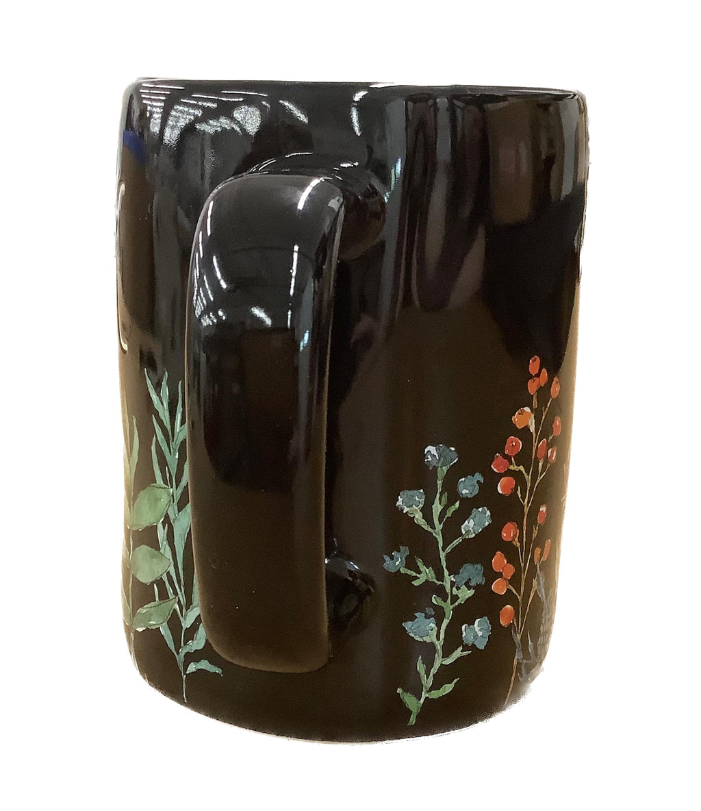 Rae Dunn Toxic Floral Coffee Mug, Black Ceramic with Botanical Design