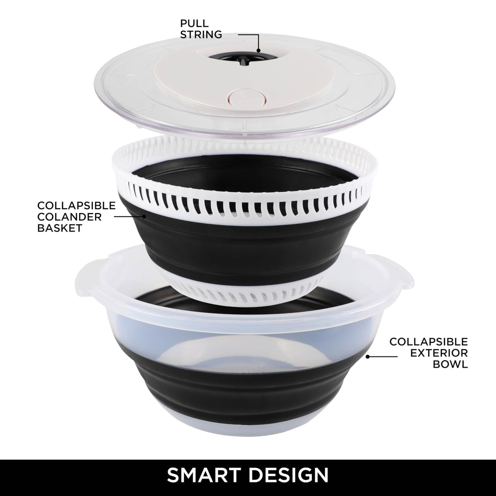 COOK WITH COLOR Collapsible Salad Spinner - 4 QT Space Saving Lettuce Dryer with Folding Collapsible Colander Great for Washing and Drying Fruit and Vegetables (Black)