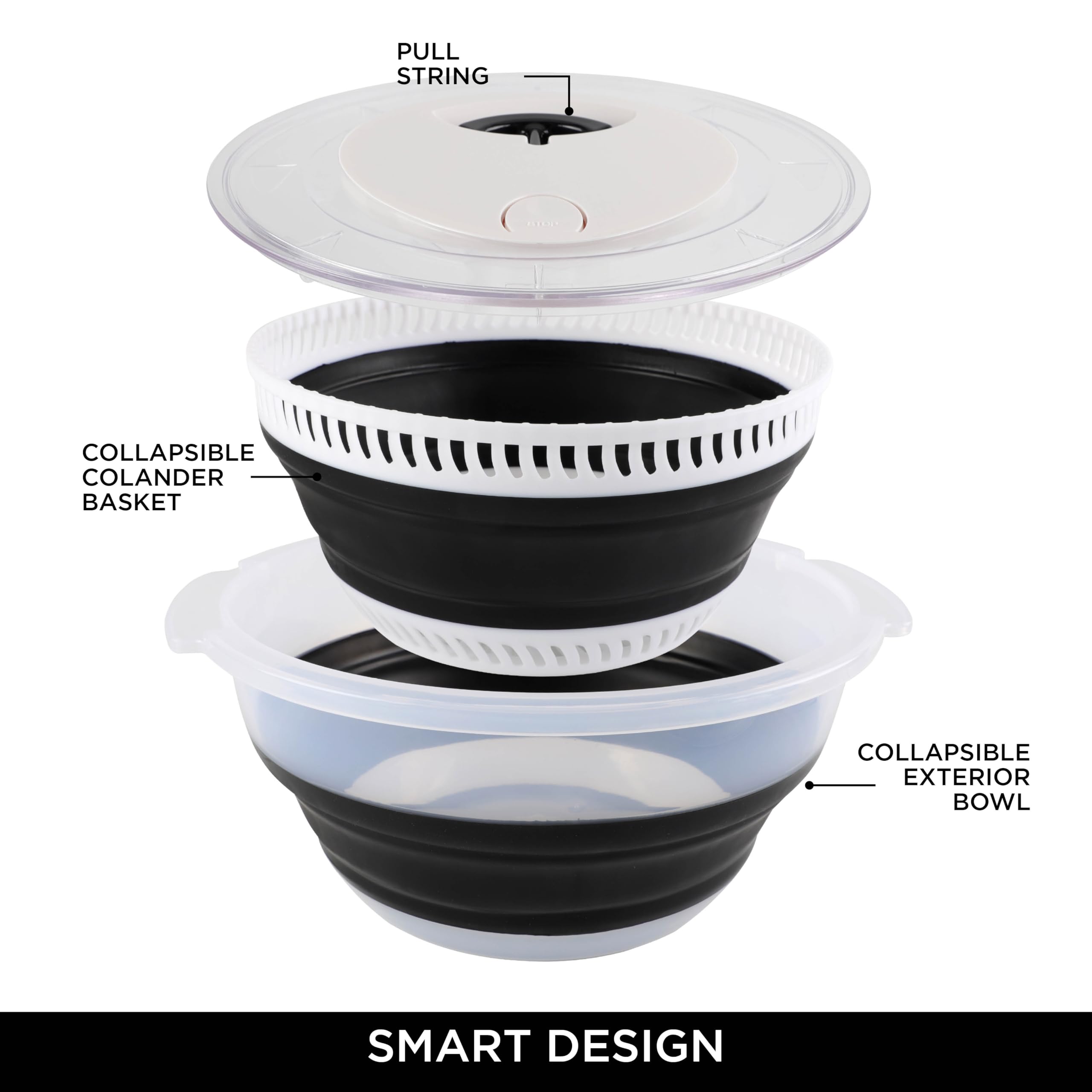 COOK WITH COLOR Collapsible Salad Spinner - 4 QT Space Saving Lettuce Dryer with Folding Collapsible Colander Great for Washing and Drying Fruit and Vegetables (Black)