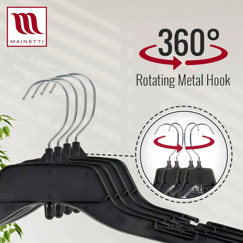 Mainetti Black Recycled Plastic Clothes Hangers 100 Pack | 17-Inch Space Saving Hangers with Rotating Metal Hook & Notches for Straps | Closet Hangers Ideal for Shirts, Tops and Dresses (484BRSEMN100)