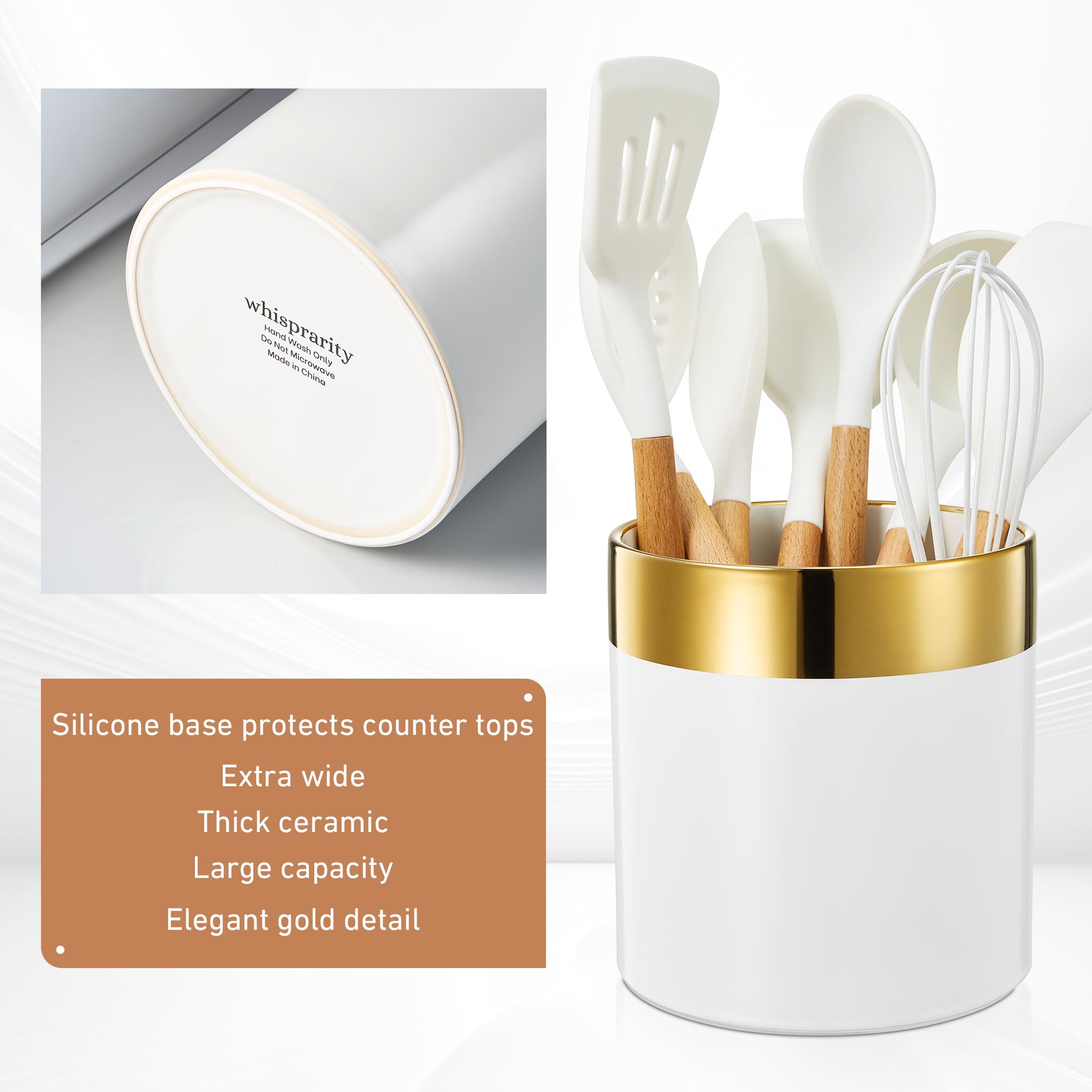 Modern Ceramic Kitchen Utensil Holder - White with Gold Rim with Non-Slip Base - Elegant Caddy for Cooking Tools and Serveware