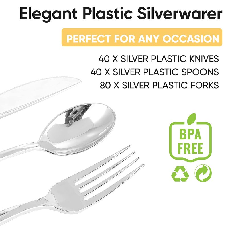 FOCUSLINE 160 Pack Silver Plastic Silverware Set, Plastic Flatware Set- 80 Silver Forks, 40 Knives, 40 Spoons, Heavy Duty Disposable Cutlery for Weddings, Parties, Dinners