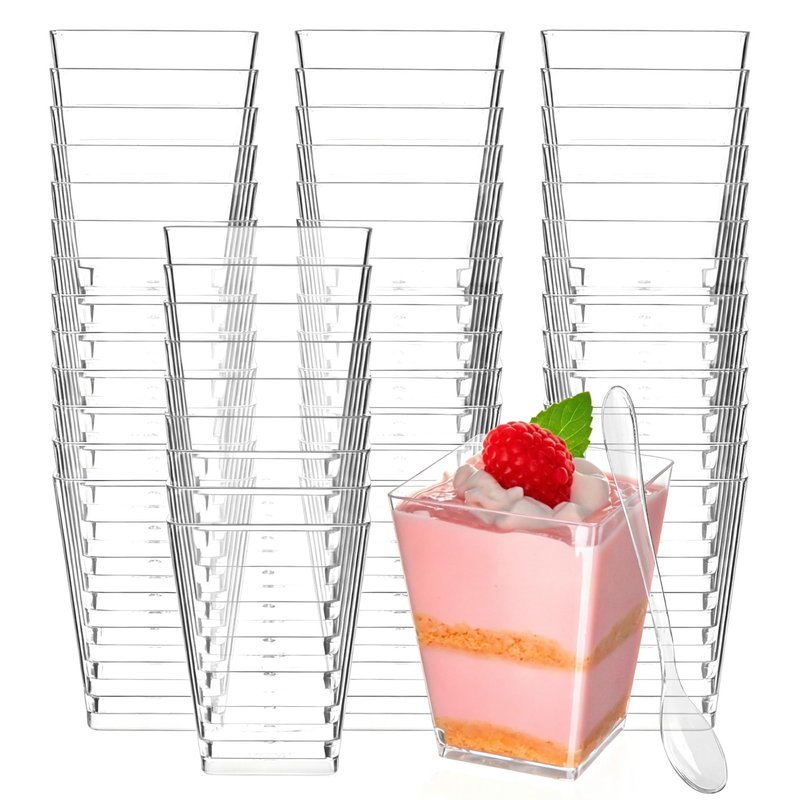Zezzxu 100 x 5 oz Mini Dessert Cups with Spoons, Shooter - Clear Plastic Small Parfait Cups Reusable Shot Glasses for Tasting Party Desserts & Appetizers, Shrimp Cocktail Cups