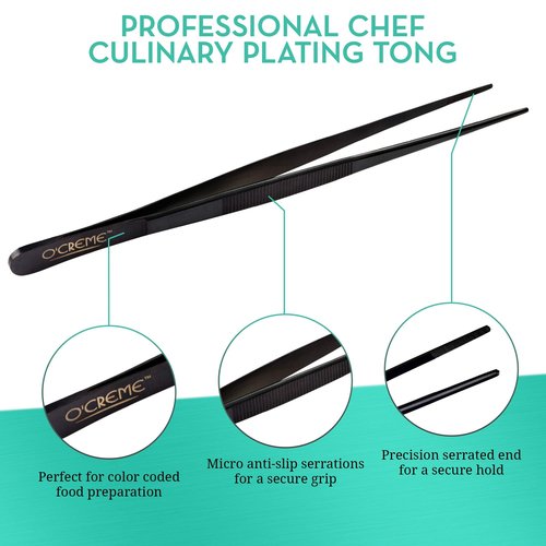 O'Creme Culinary Stainless Steel Tweezer Tongs Set of 2 - One 10 Inch Straight and One 8 Inch Offset Purple Color