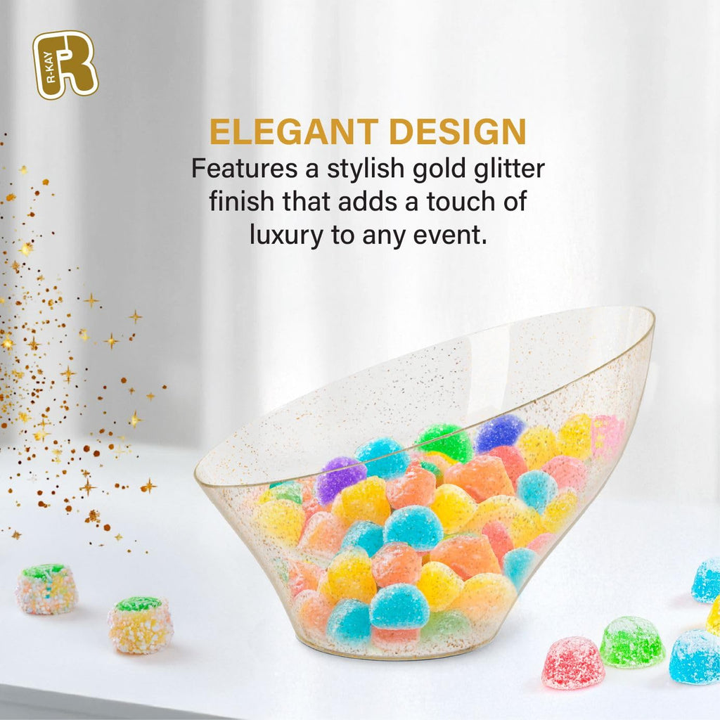 R-kay 6 Pack Gold Glitter Angled Candy Bowls - Large Gold Plastic bowls - Premium Plastic Serving Bowls Heavy Duty For Weddings Catering, parties, And All Occasions.