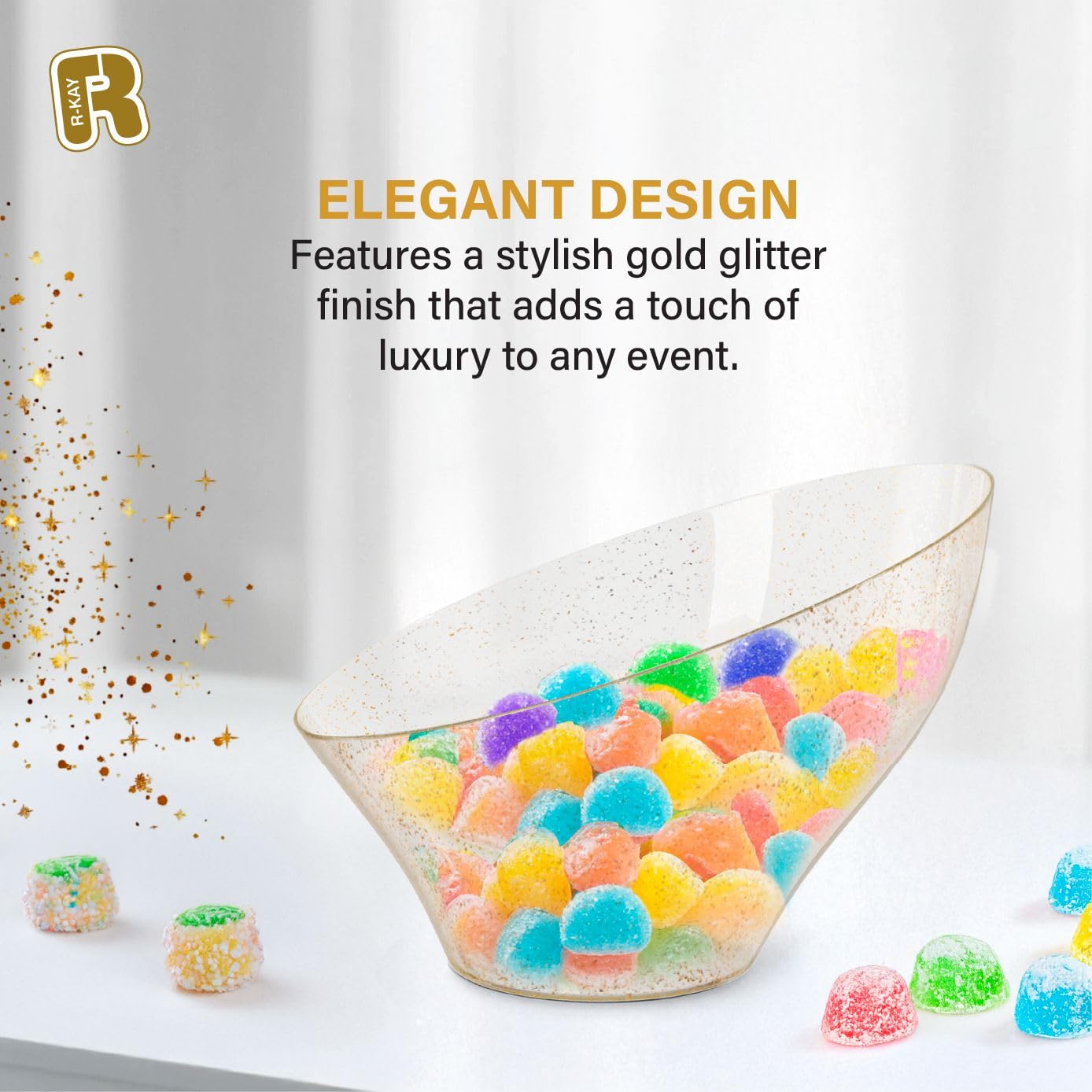 R-kay 6 Pack Gold Glitter Angled Candy Bowls - Large Gold Plastic bowls - Premium Plastic Serving Bowls Heavy Duty For Weddings Catering, parties, And All Occasions.