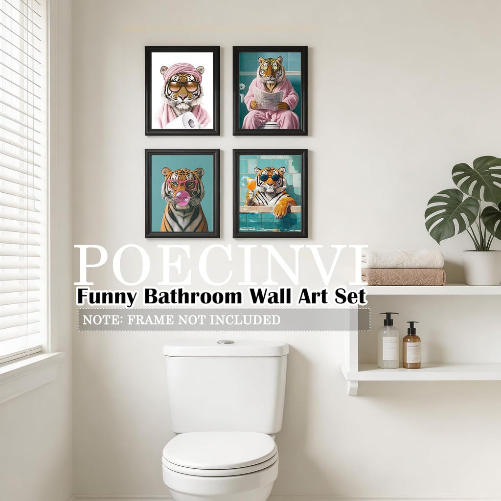 Poecinvi Pink Tiger Bathroom Wall Art Prints - Trendy Animal Decor Set of 4 | 8x10 Unframed