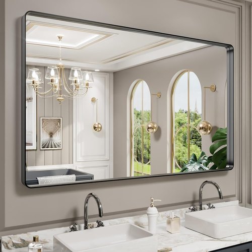 LOAAO Black Metal Framed Bathroom Mirror - Large 60x36 Inch Rounded Rectangle | Anti-Rust Tempered Glass, Versatile Hanging Options