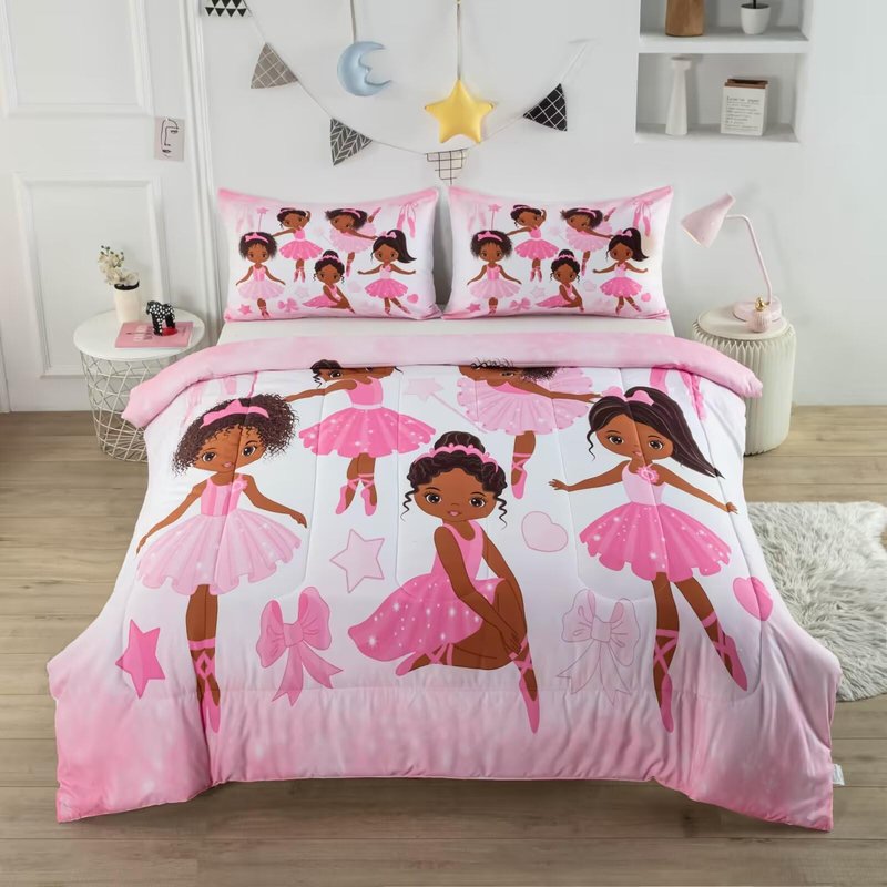 CKOU CCOO Girls Pink Ballerina Comforter Set Full,African American Black Girl Bedding Set,Cute Little Ballet Princess Comforter Set Bedspread for Kids Toddler Girls BeBedroom Set Room Decor