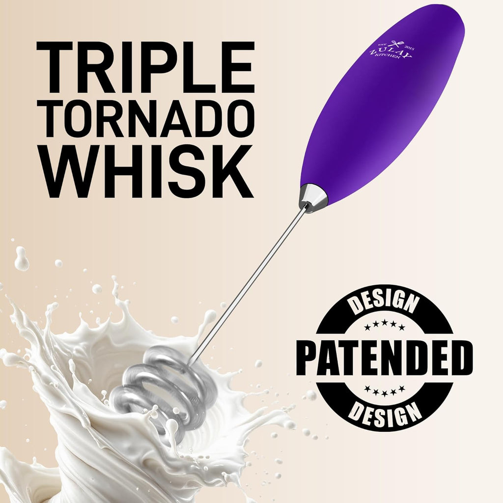 Zulay Kitchen Tornado Triple Whisk Milk Frother - Handheld Foam Maker for Coffee & Lattes - Purple