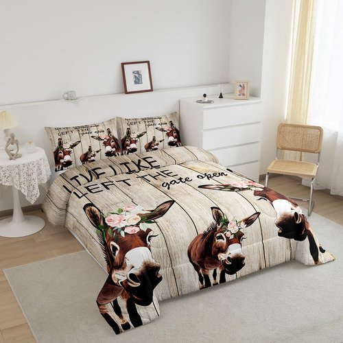 Manfei Donkey Comforter Set Full Size, Floral Animal Theme Quilt Set with 2 Pillowcases, Rustic Farmhouse Bedding Set 3pcs for Kids Boys Girls Bedroom Decor Grey Wooden Board Duvet Insert