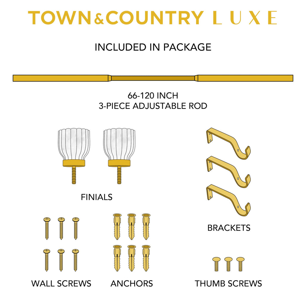 TOWN & COUNTRY LUXE Marbled Flute Single Indoor Curtain Rod and Finial Set, Natural Marble Stone Look, Easy Install Wall Mount, Matte Gold, Adjustable 66”-120”