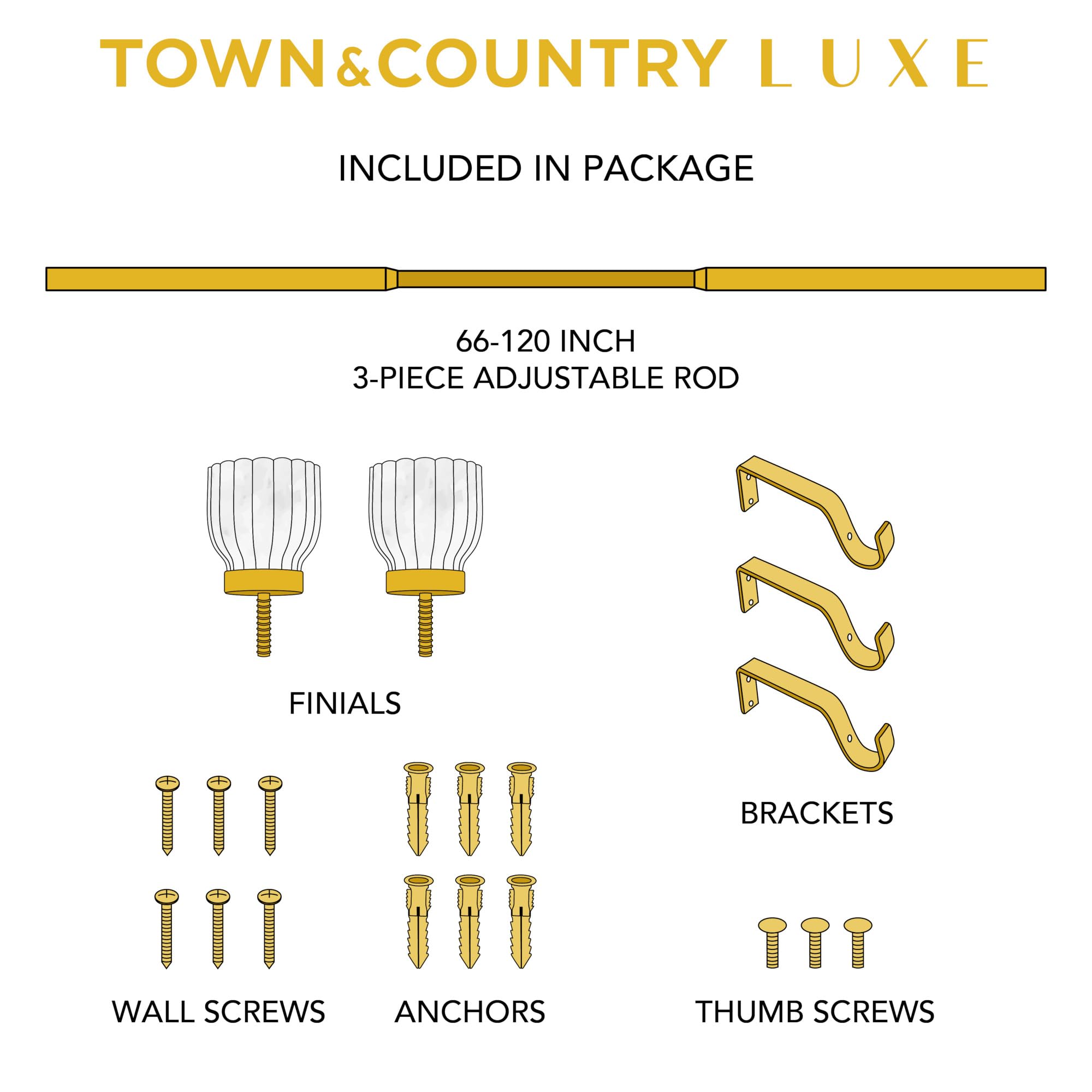 TOWN & COUNTRY LUXE Marbled Flute Single Indoor Curtain Rod and Finial Set, Natural Marble Stone Look, Easy Install Wall Mount, Matte Gold, Adjustable 66”-120”