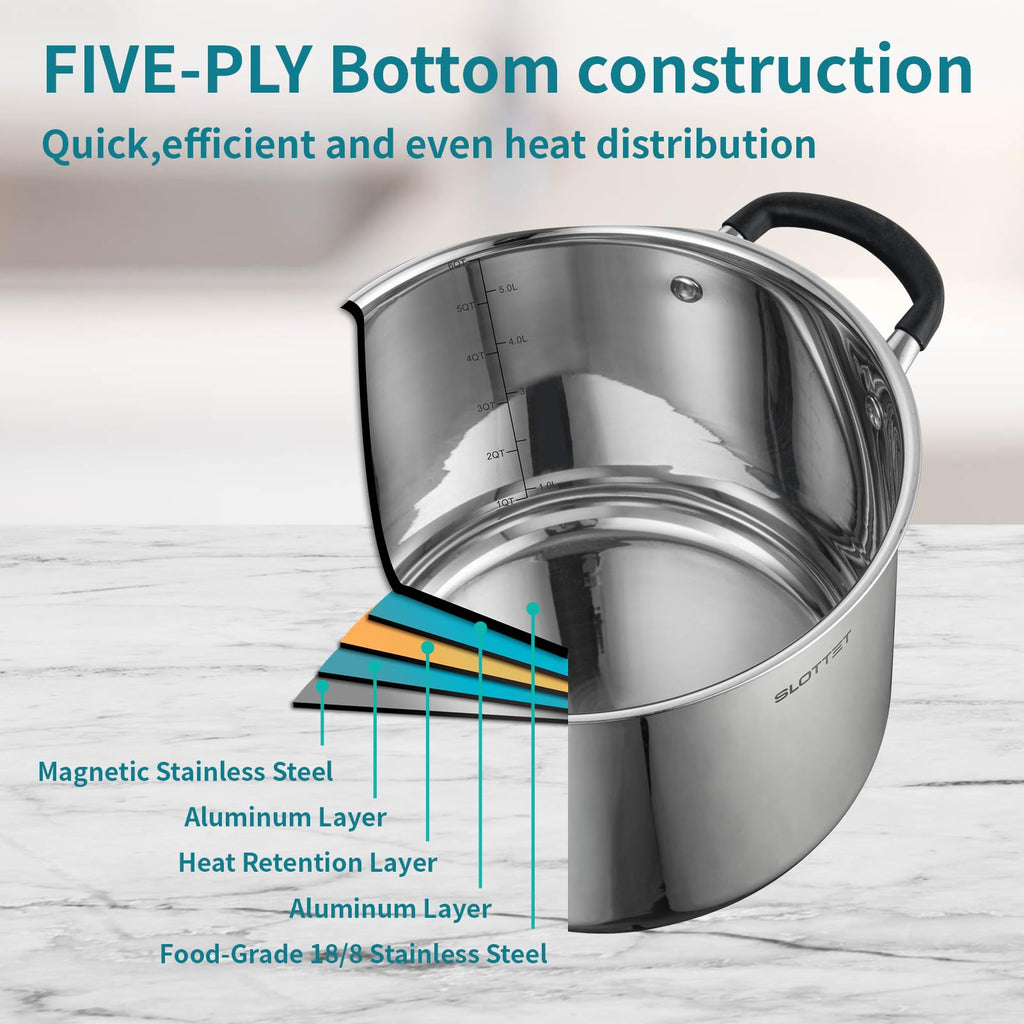 SLOTTET Stainless Steel 8 Quart Stock Pot with Steamer,8 Qt Deep Soup Pot for cooking,Multipurpose Stockpot with silicone Stay-cool Handle.