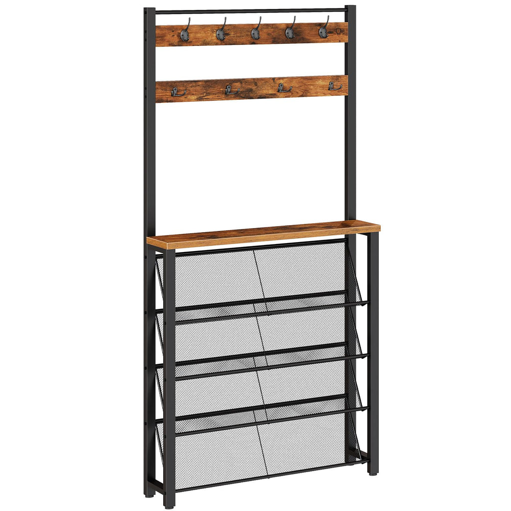 HOOBRO Hall Tree with Bench, Narrow Shoe Rack with Coat Rack, Coat Rack with Shoe Storage, 5 Tier Slanted Shoe Storage Organizer, Coat and Shoe Rack Entryway, Slim Hall Tree, Rustic Brown BF20MT01