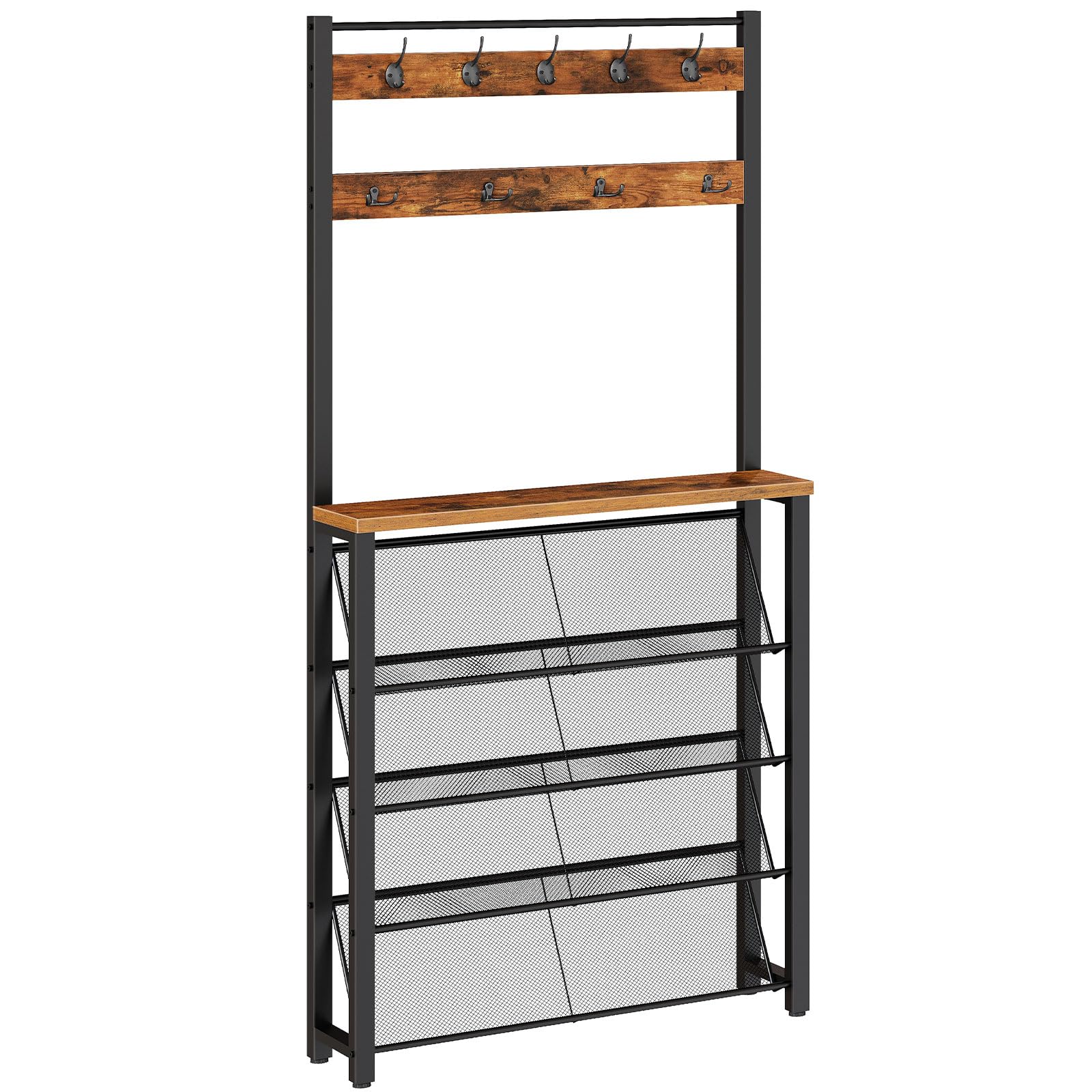 HOOBRO Hall Tree with Bench, Narrow Shoe Rack with Coat Rack, Coat Rack with Shoe Storage, 5 Tier Slanted Shoe Storage Organizer, Coat and Shoe Rack Entryway, Slim Hall Tree, Rustic Brown BF20MT01