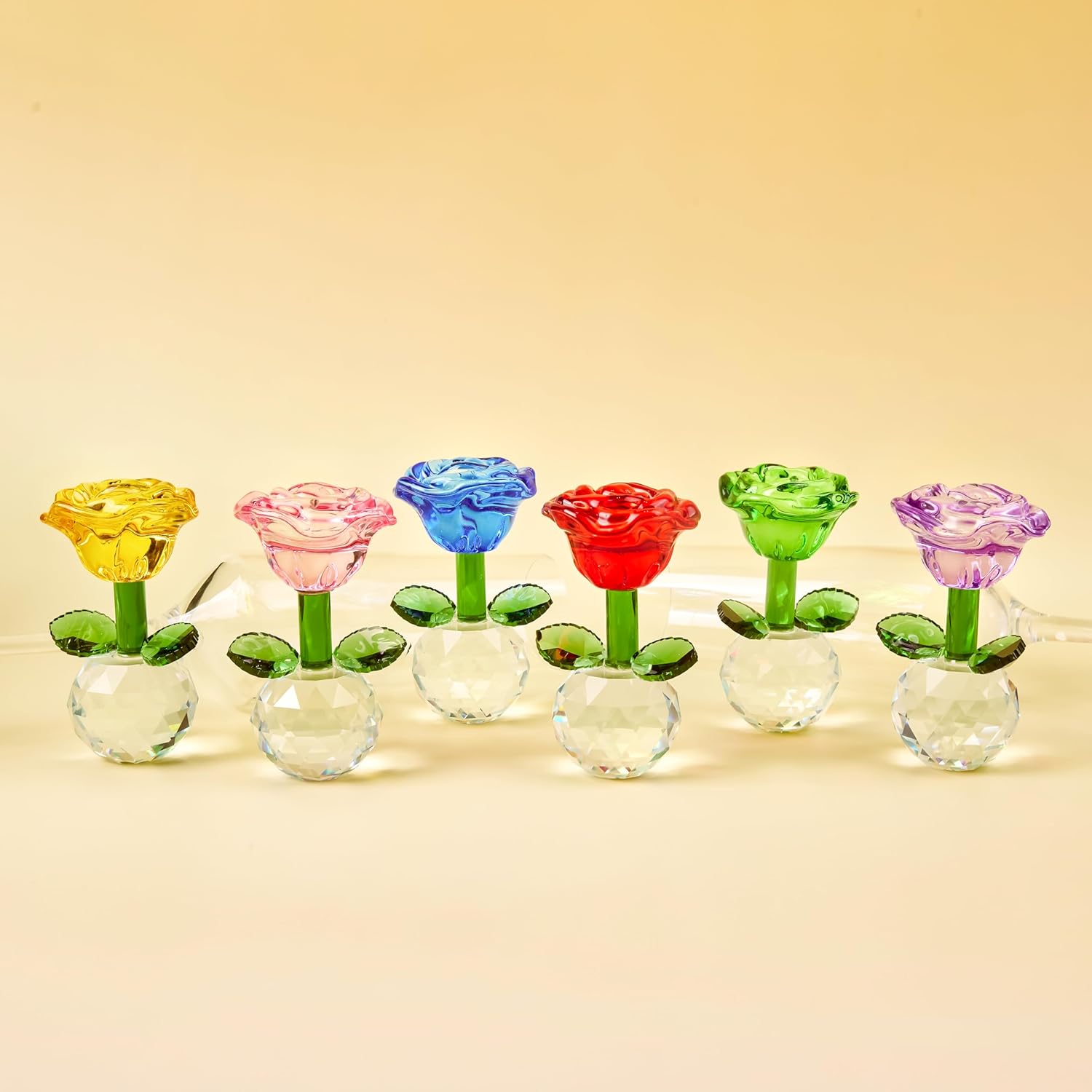 Skiennix Crystal Glass Rose Flowers Figurines - Colorful Blown Glass Centerpieces for Home & Office | 3.5in