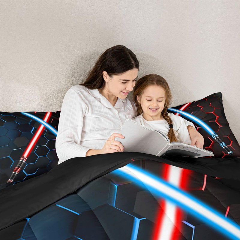 Neon Red Blue Lightsaber Bedding Set Twin Size Geometric Honeycomb Comforter Set 2Pcs for Kids Girls Boys Teens Room Decor Fashion Games Quilt Set Black 3D Hexagon Duvet Insert,1 Pillowcase