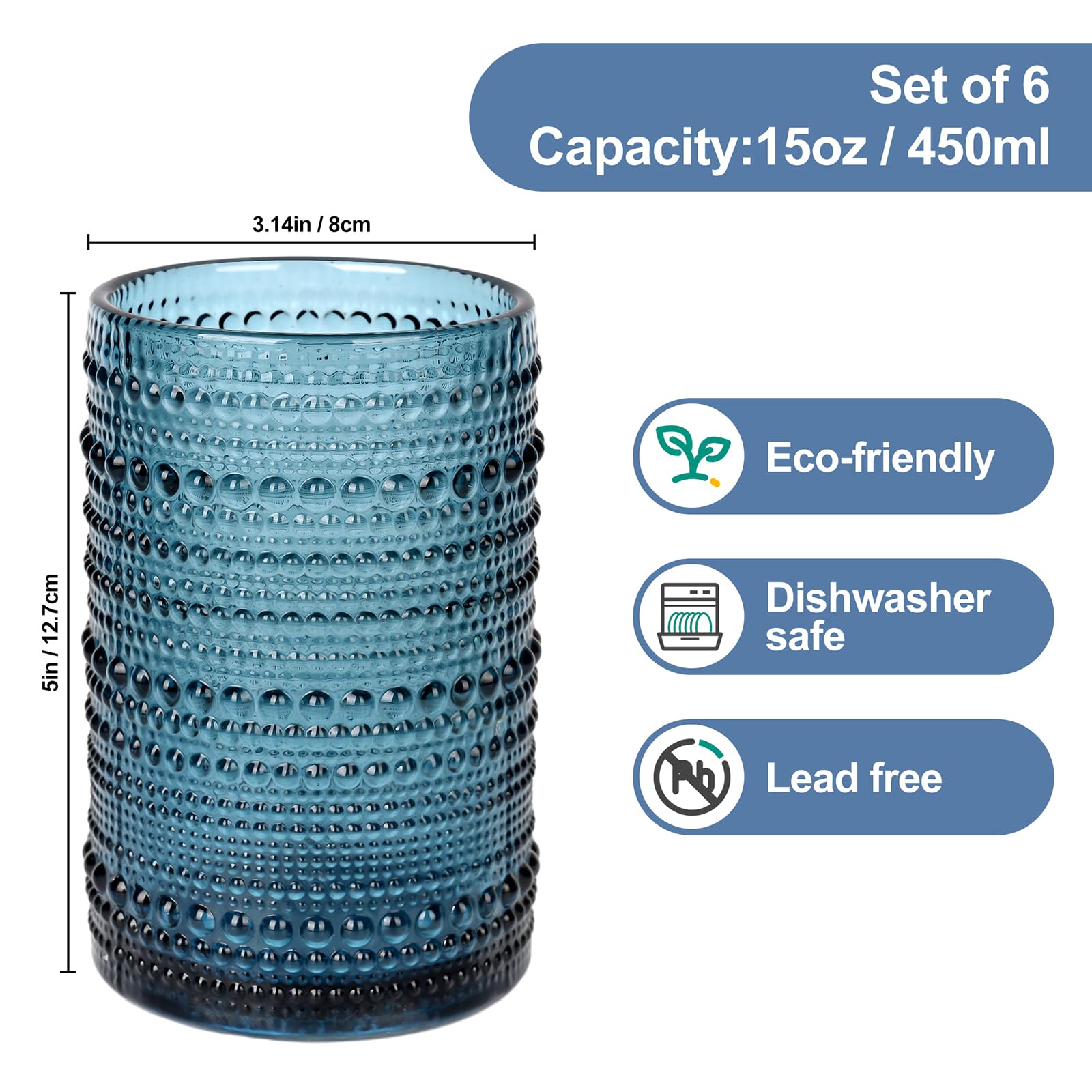 ZMOWIPDL Vintage Glassware Drinking Glasses Set of 6,15 oz Hobnail Glass Cups,Embossed Blue Water Tumbler,for Beer,Cocktail,Whiskey,Juice and Various Mixed Drinks- 1 Cleaning Brush