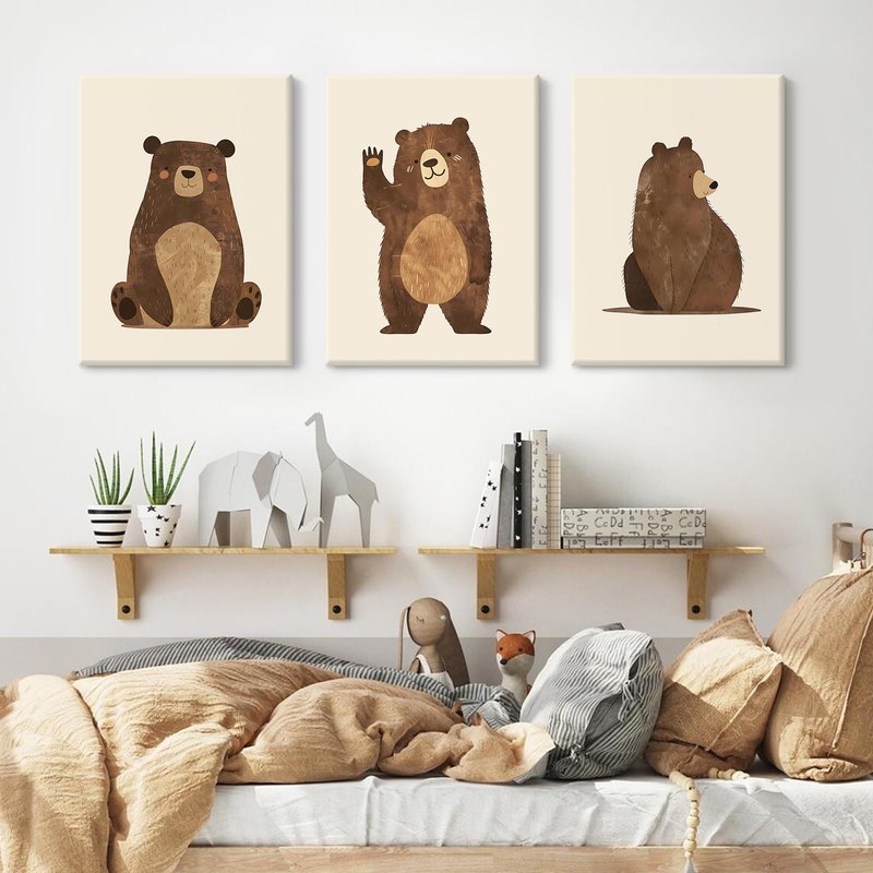 Nursery Wall Art Baby Canvas Pictures Bear Wall Decor Boys Room Prints Kids Poster Cute Animal Theme Pictures Woodland Bear Painting Neutral Children Artwork for Bedroom 16x24 Inch Ready to Hang