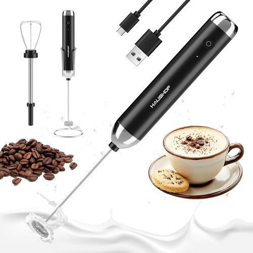 HAUSHOF Rechargeable Milk Frother - Powerful Handheld Foam Maker with 2 Whisks | Perfect for Coffee & Lattes