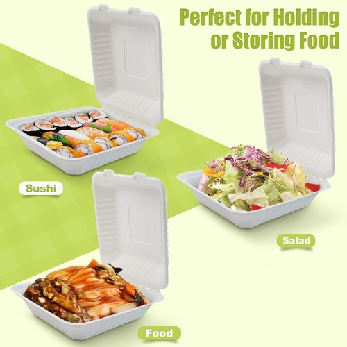 Green Earth 8-Inch, 100-Count, 1-Compartment, Compostable Clamshell, Natural Bagasse, Take-Out/to-Go Boxes - Biodegradable Containers