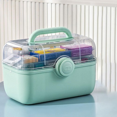 Family First Aid Box - 3-Tier Medicine Storage Container with Removable Pill Case | Green Plastic Organizer