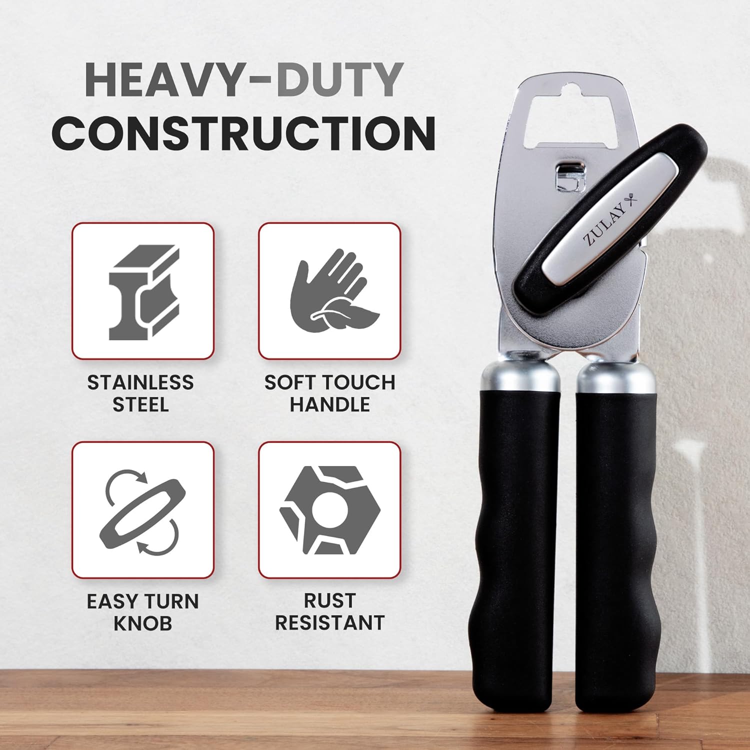 Zulay Kitchen COMFY™ Can Opener - Rust-Proof Stainless Steel with Soft Grip Handles | Black