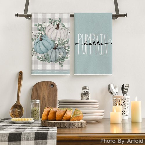 Artoid Mode Hello Pumpkin Eucalyptus Leaves Fall Kitchen Towels Dish Towels, 18x26 Inch Autumn Thanksgiving Harvest Tea Hand Towel Set of 2