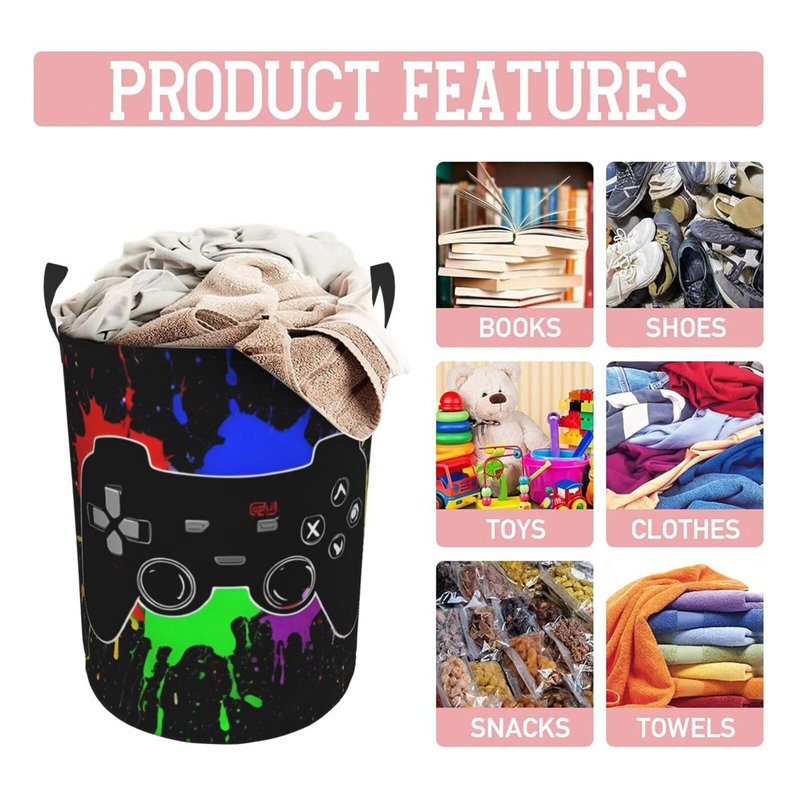 Gbuzozie 38l Round Laundry Hamper Game Joystick Storage Basket Waterproof Coating Organizer Bin For Nursery Clothes Toys